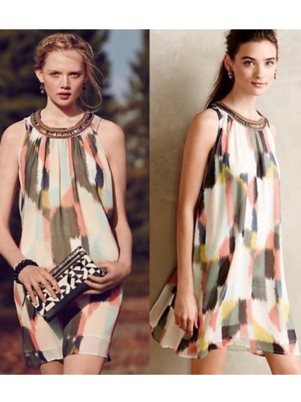 HD in Paris Anthropologie beaded collar watercolor brushstroke mini dress